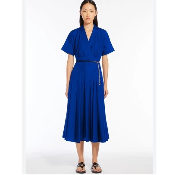 Max Mara Studio V-Neck Short-Sleeved Poplin Dress Belted Pleats Cornflower Blue